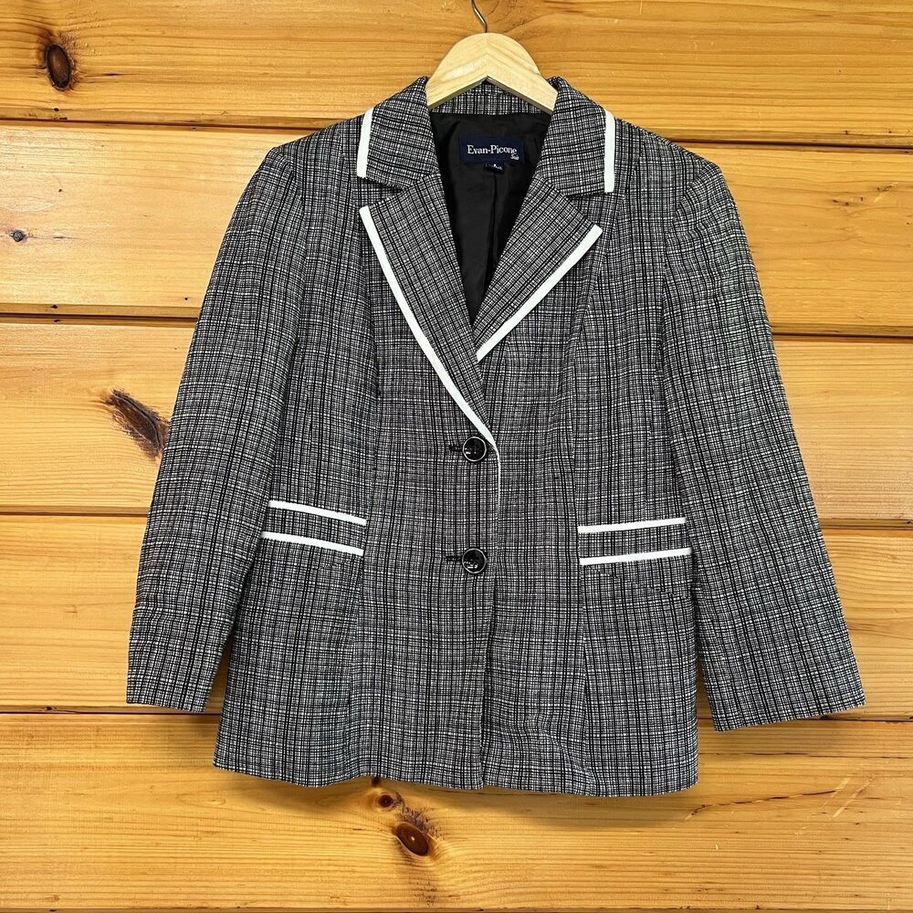 Chic Evan Picone Jacket Women 8 Black White Check Plaid Linen Blend 3/4 Sleeve
